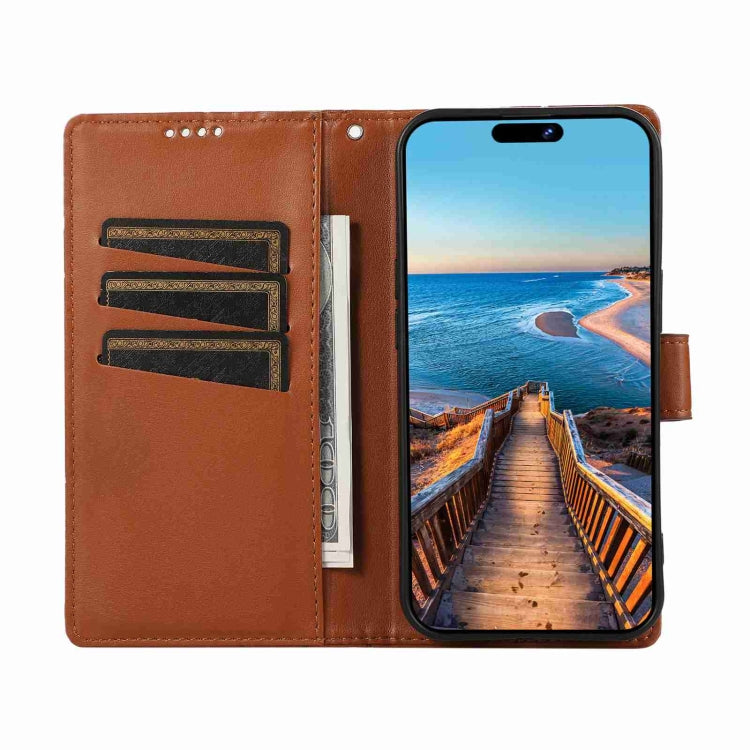 For iPhone 11 PU Genuine Leather Texture Embossed Line Phone Case with card slots and wrist strap, showcasing its stylish design and functionality.